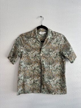 Bonpoint Cotton Green Safari Print Button Up Short Sleeve Shirt - Size 14